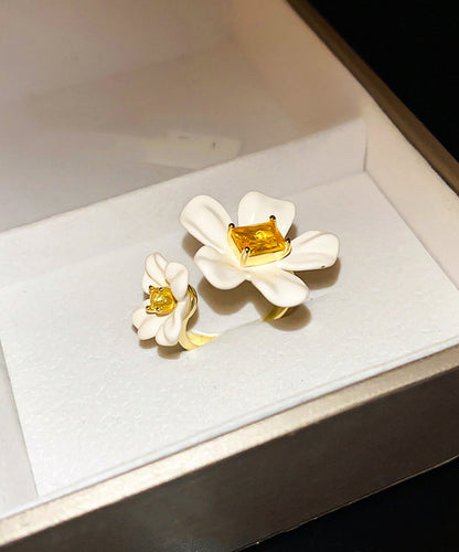 Floral Rings Elegant Acrylic Copper Overgild Zircon White Open