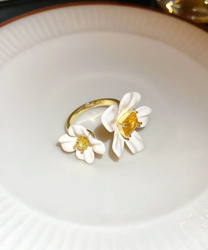 Floral Rings Elegant Acrylic Copper Overgild Zircon White Open