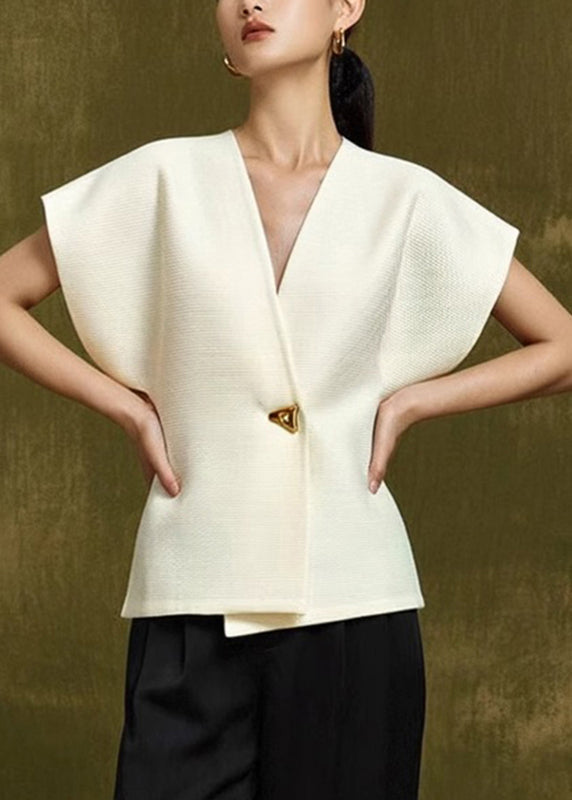 Top Elegant V Neck Button White Summer