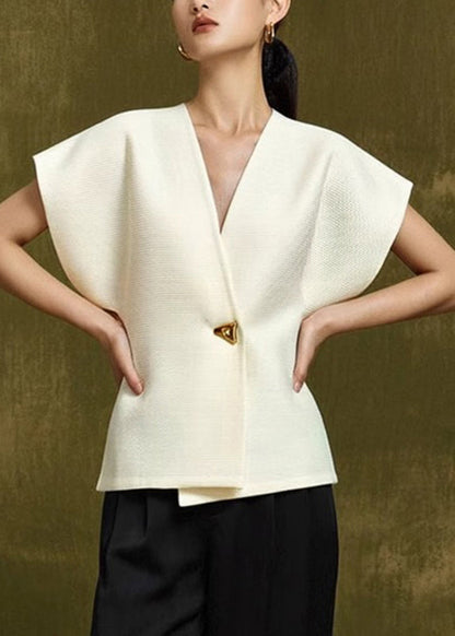 Top Elegant V Neck Button White Summer