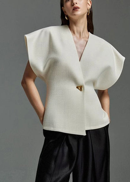 Top Elegant V Neck Button White Summer