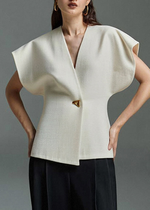 Top Elegant V Neck Button White Summer