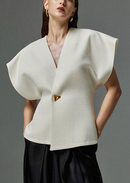 Top Elegant V Neck Button White Summer