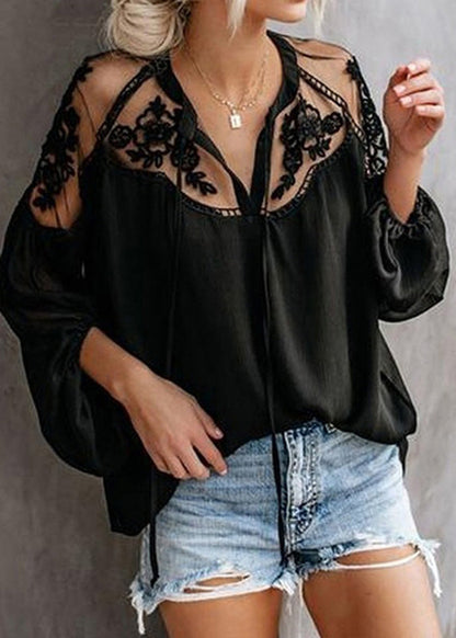 Chiffon Black Lantern Sleeve Floral V Tops Fashion Neck