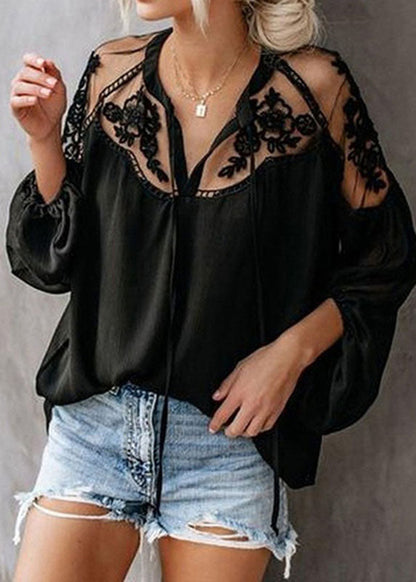 Chiffon Black Lantern Sleeve Floral V Tops Fashion Neck