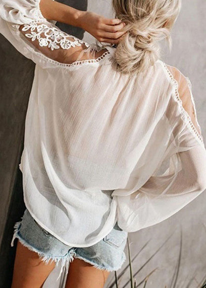 Chiffon Black Lantern Sleeve Floral V Tops Fashion Neck