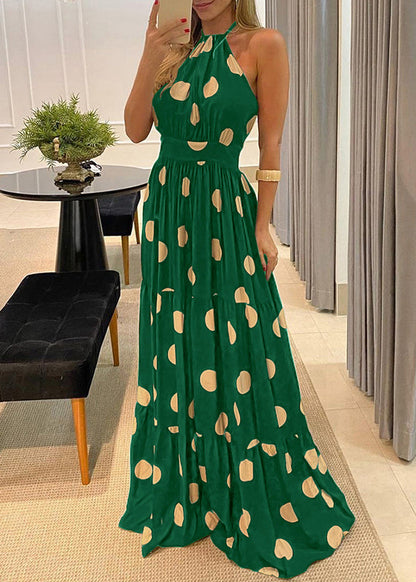Backless Dress Green Sleeveless Print Halter Dot Fashion Maxi