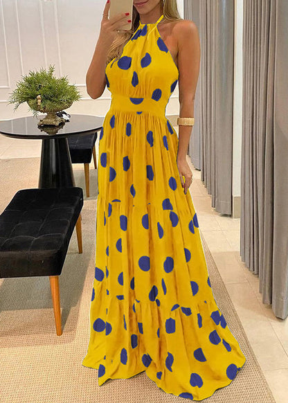 Backless Dress Green Sleeveless Print Halter Dot Fashion Maxi