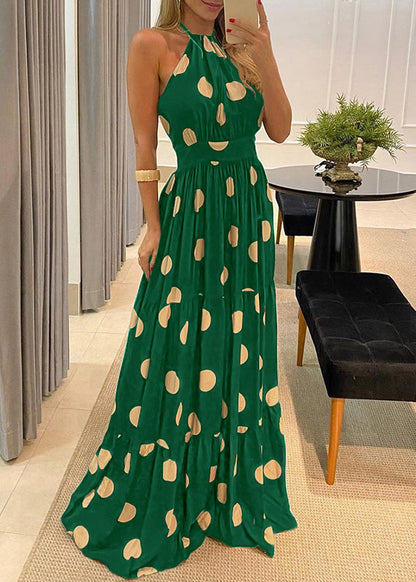 Backless Dress Green Sleeveless Print Halter Dot Fashion Maxi
