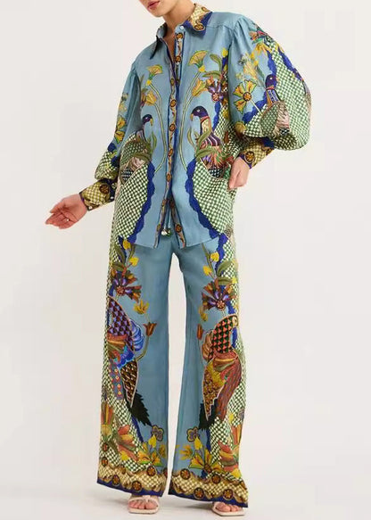 Two Fashion Peter Collar Leg Set Green Wide Fall Pieces And Shirts Pants Pan Print