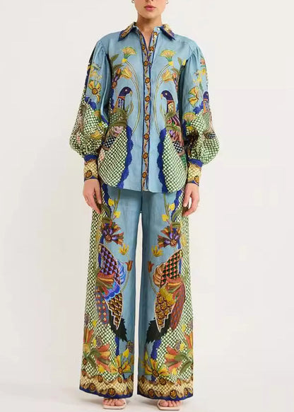 Two Fashion Peter Collar Leg Set Green Wide Fall Pieces And Shirts Pants Pan Print