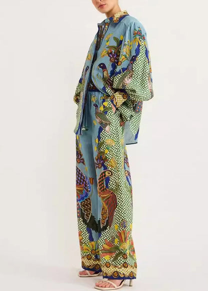 Two Fashion Peter Collar Leg Set Green Wide Fall Pieces And Shirts Pants Pan Print