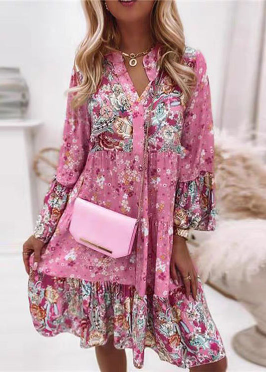 Dresses V Print Fall Fashion Wrinkled Mid Neck Pink