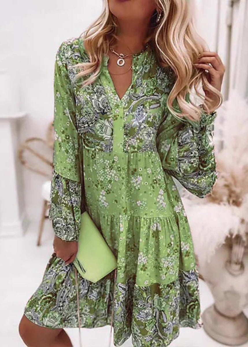 Dresses V Print Fall Fashion Wrinkled Mid Neck Pink