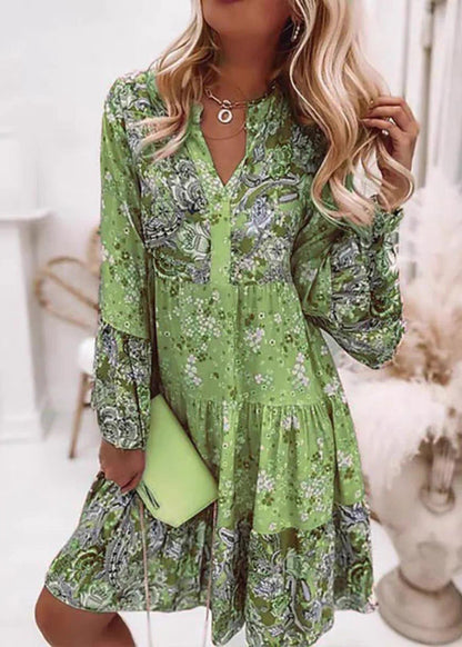 Dresses V Print Fall Fashion Wrinkled Mid Neck Pink