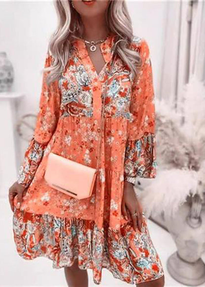 Dresses V Print Fall Fashion Wrinkled Mid Neck Pink