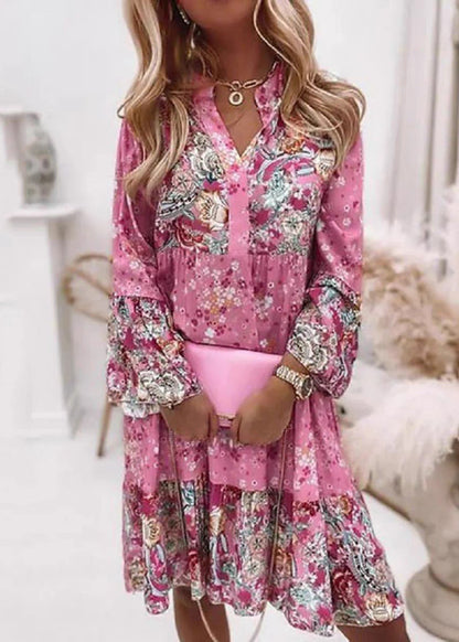 Dresses V Print Fall Fashion Wrinkled Mid Neck Pink
