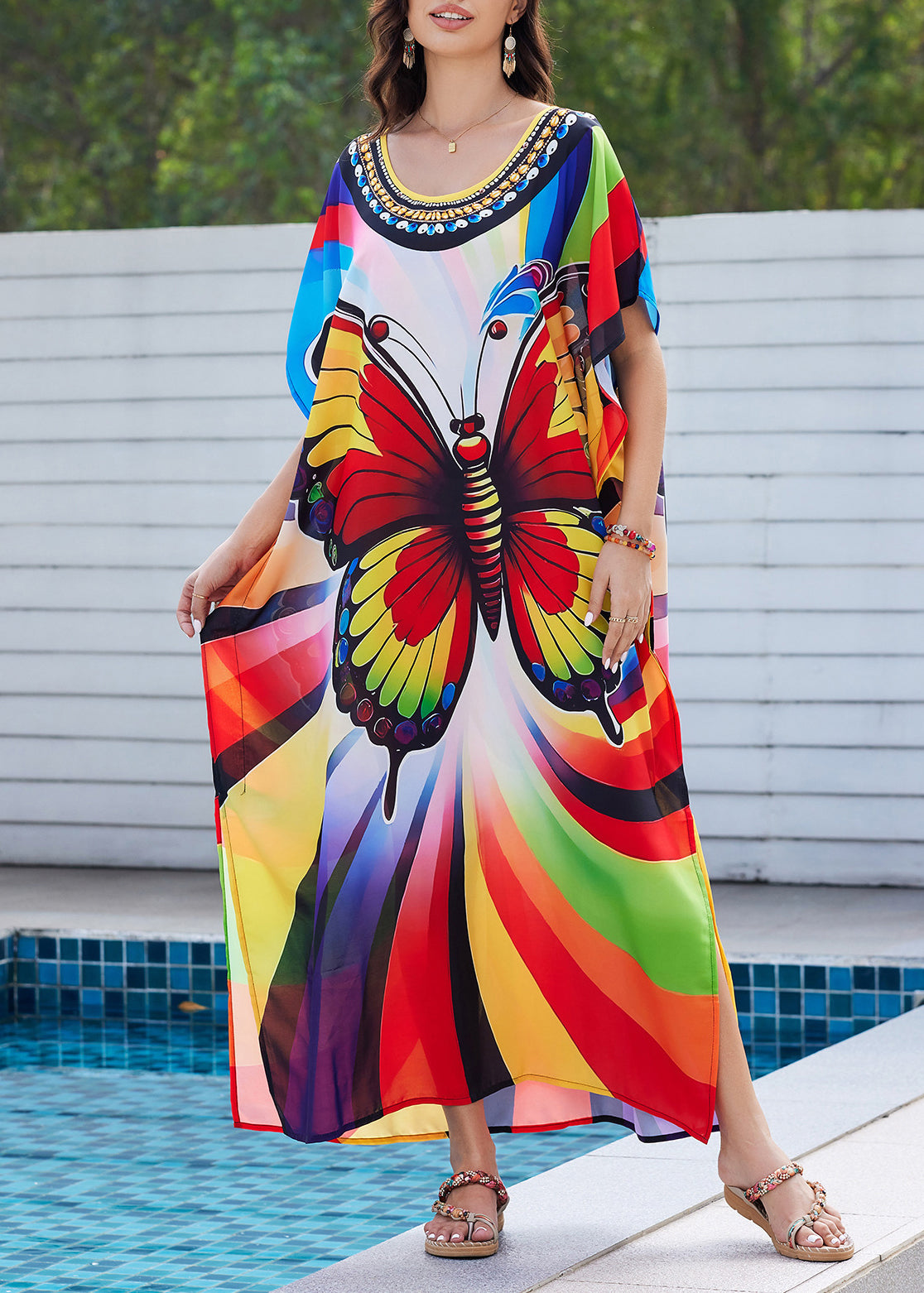 Fashion Print Open Maxi Summer Dress Rainbow Butterfly Side