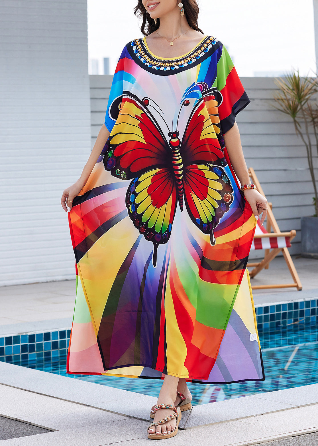 Fashion Print Open Maxi Summer Dress Rainbow Butterfly Side