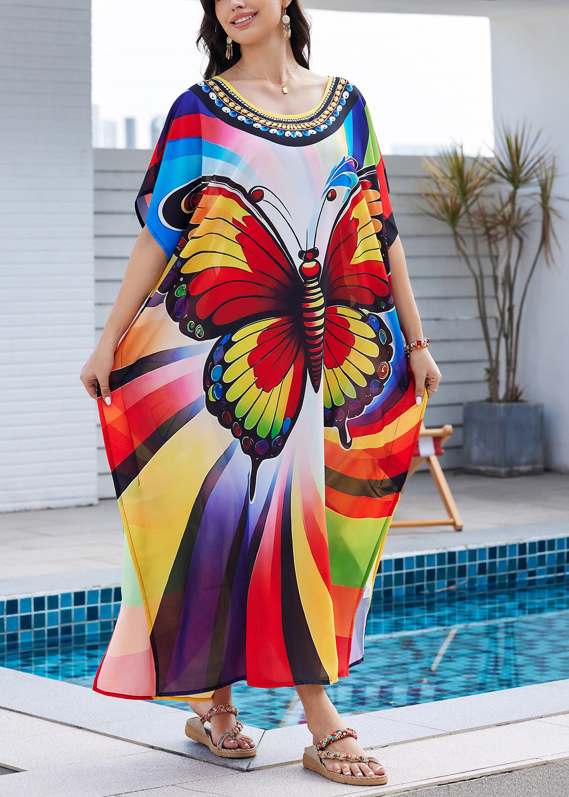 Fashion Print Open Maxi Summer Dress Rainbow Butterfly Side