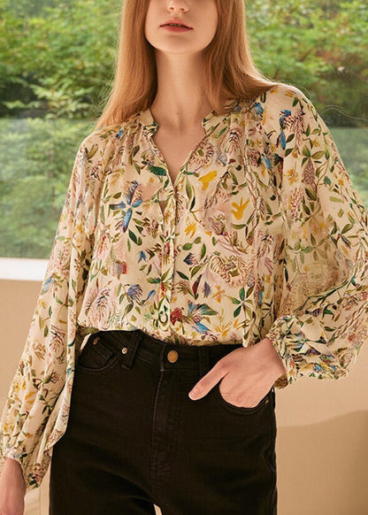 V Print Fashion Neck Sleeve Lantern Shirts