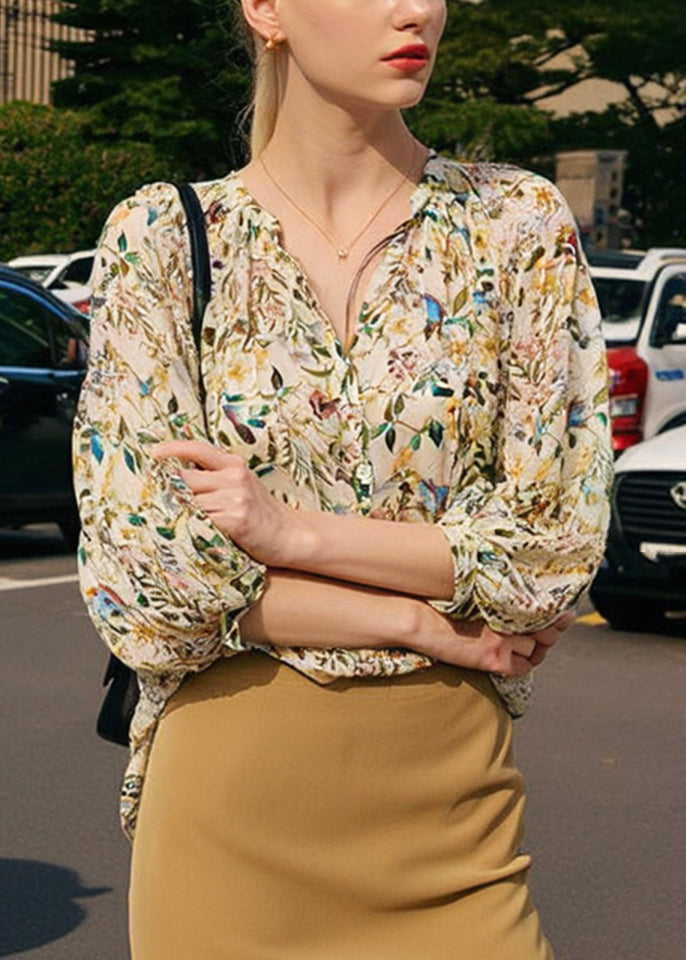 V Print Fashion Neck Sleeve Lantern Shirts