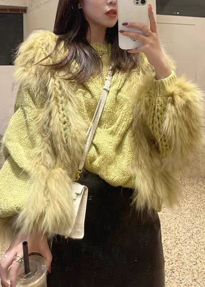 Knit Fluffy O-Neck Fall Sweaters Fashion Fur Fuzzy Cotton Cozy Yellow