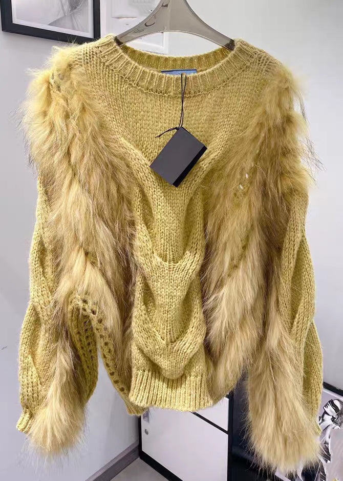 Knit Fluffy O-Neck Fall Sweaters Fashion Fur Fuzzy Cotton Cozy Yellow