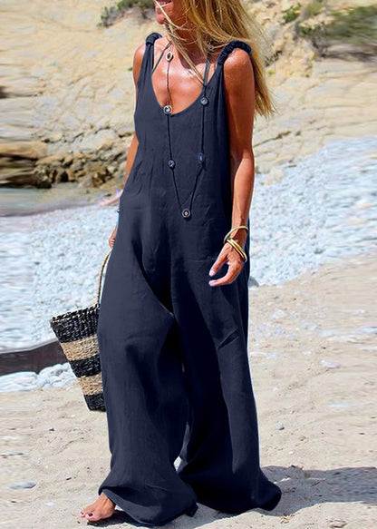Side leg Female Blue Wide Jumpsuit Sleeveless Button Navy