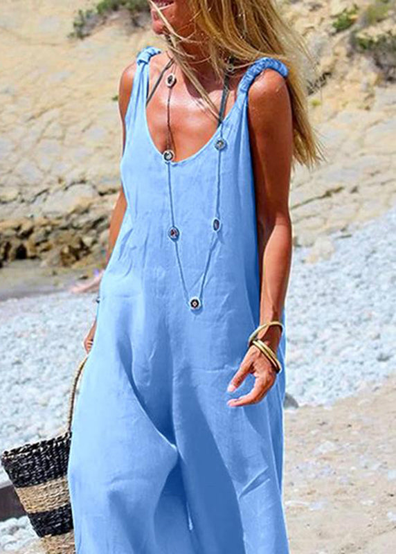 Side leg Female Blue Wide Jumpsuit Sleeveless Button Navy