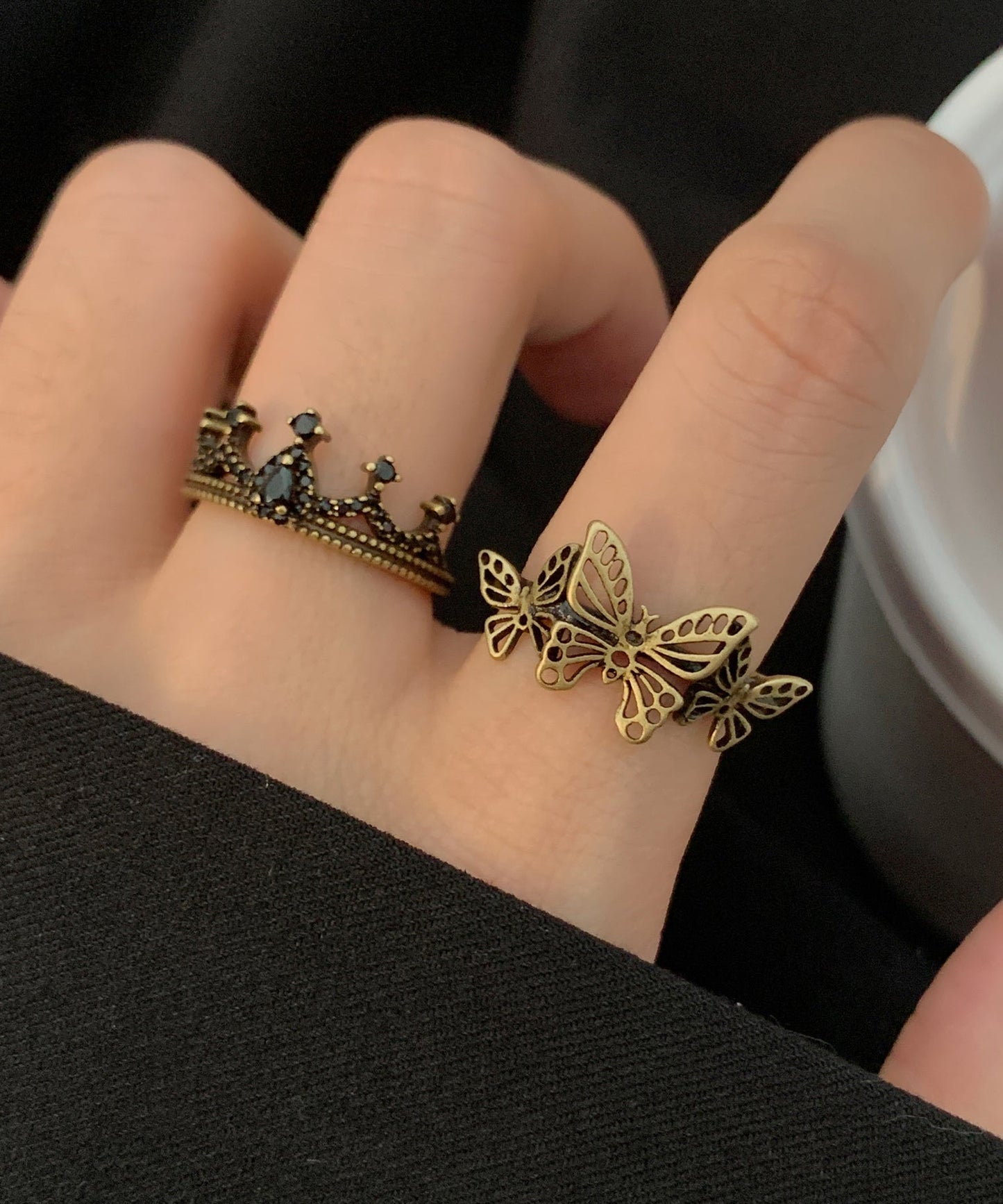 Out Crown Metal Two Butterfly Ancient Fine Hollow Rings Gold Piece Set
