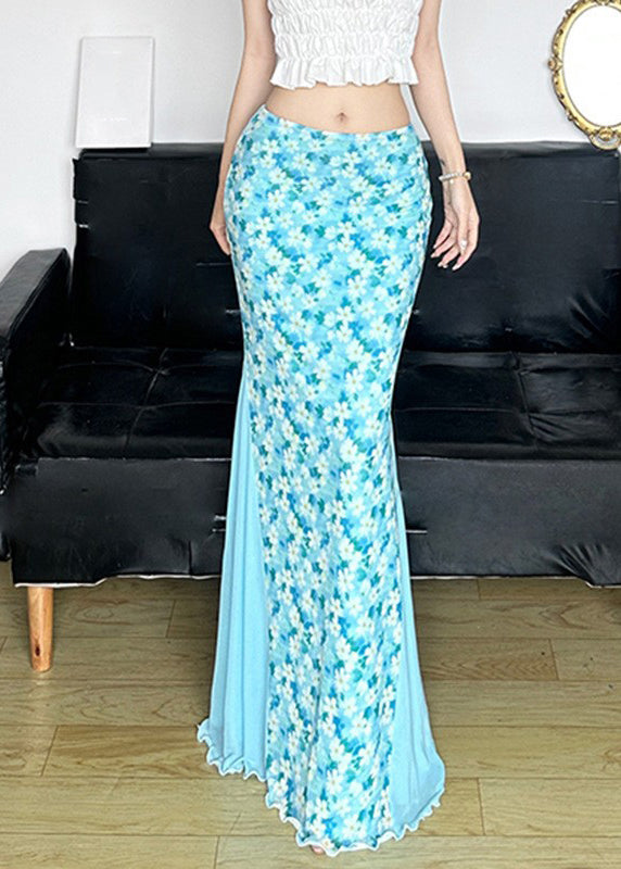 Tulle Fine High Summer Waist Maxi Skirt Patchwork Blue