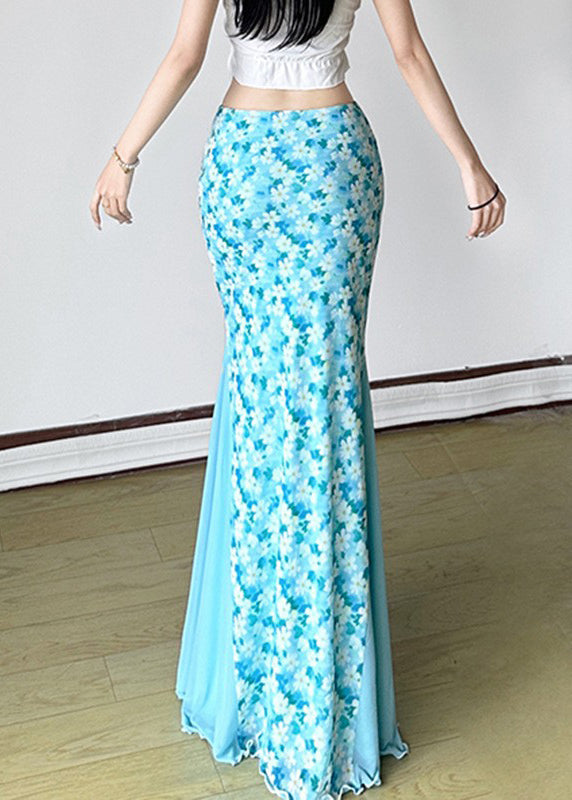 Tulle Fine High Summer Waist Maxi Skirt Patchwork Blue