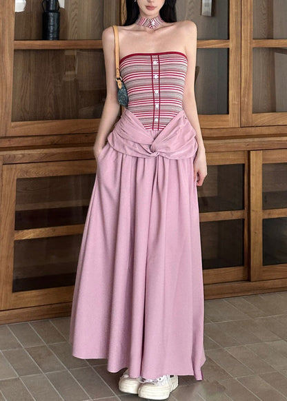 Striped Two Pieces Dress Summer Fake Pink Fine Long Patchwork