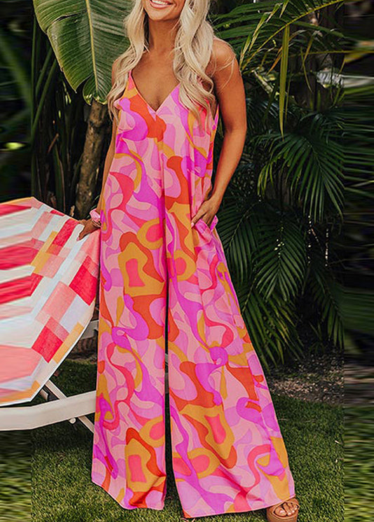 Print V Fine Pink Neck Pockets Summer Jumpsuits
