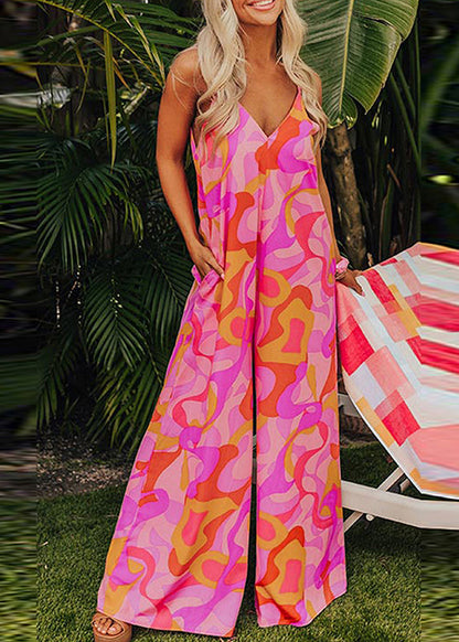Print V Fine Pink Neck Pockets Summer Jumpsuits