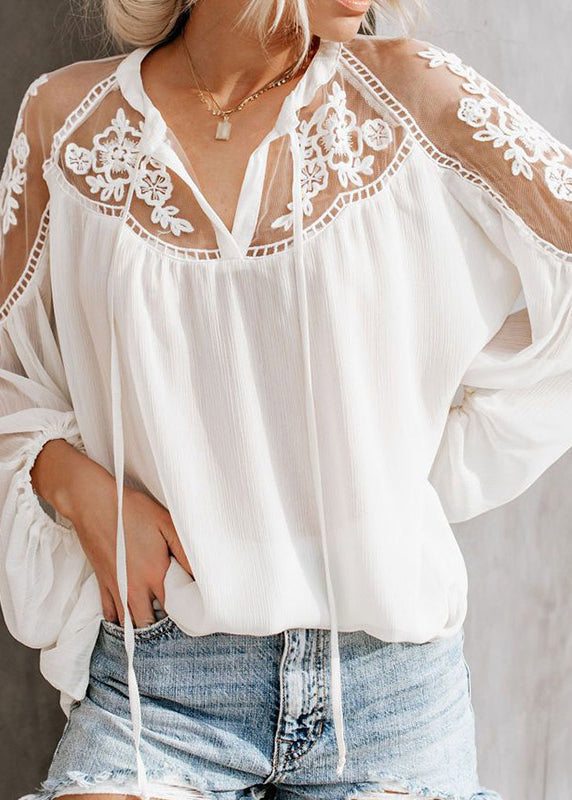 V Fall Fine Lace White Neck Shirt Patchwork