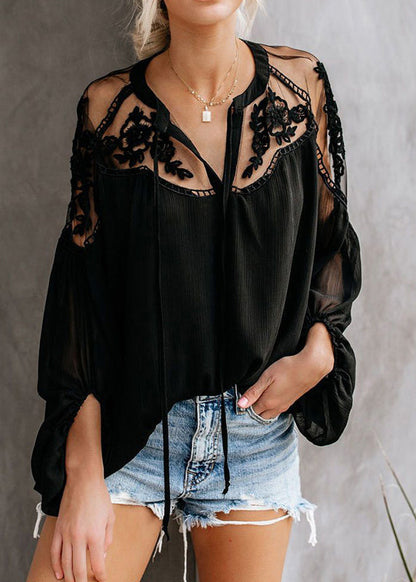 V Fall Fine Lace White Neck Shirt Patchwork