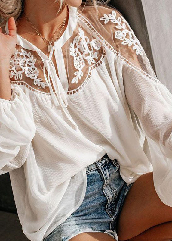 V Fall Fine Lace White Neck Shirt Patchwork
