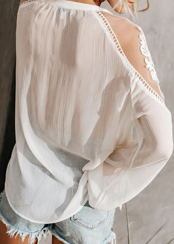 V Fall Fine Lace White Neck Shirt Patchwork