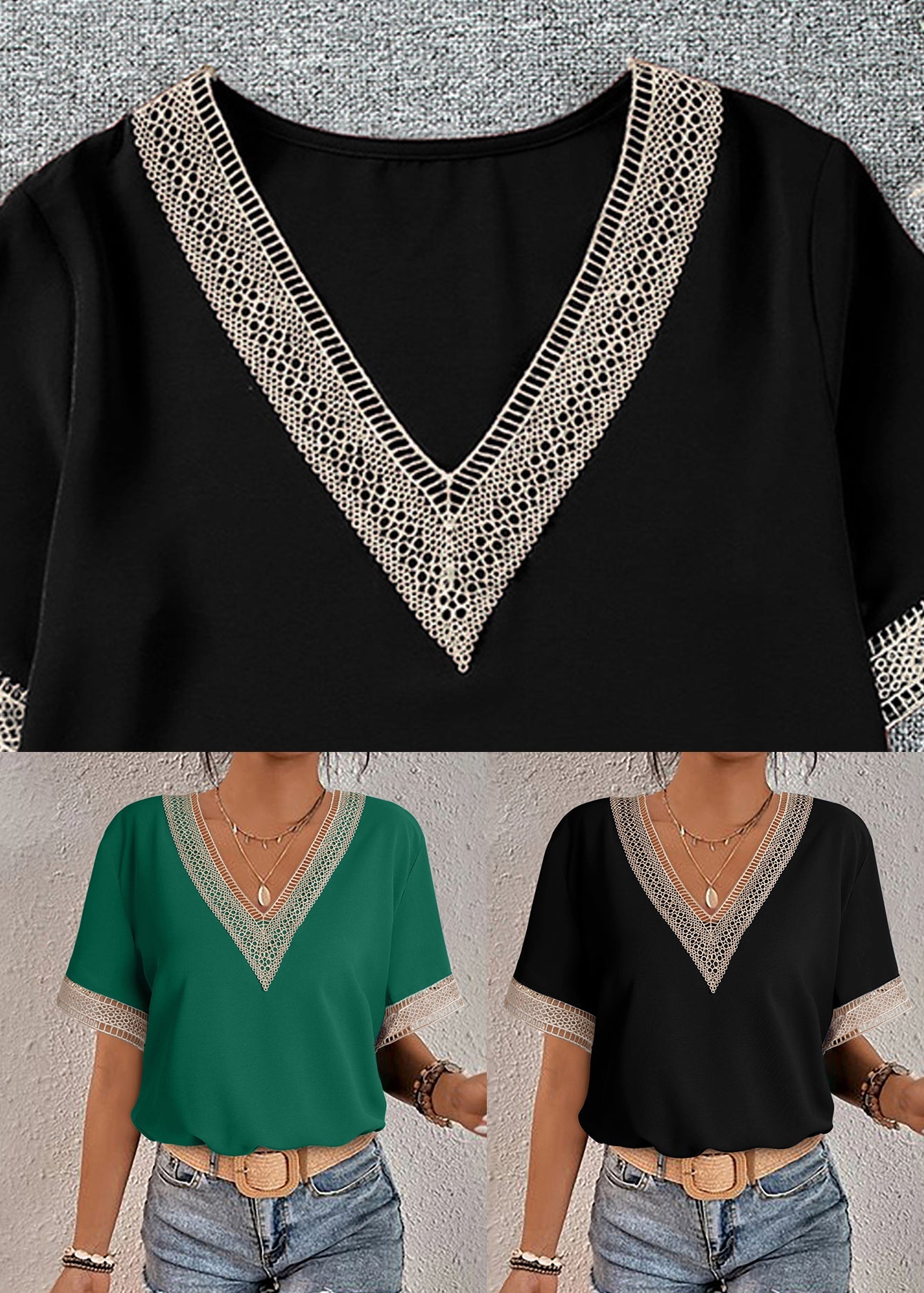 T Shirts Black Patchwork French Lace Summer
