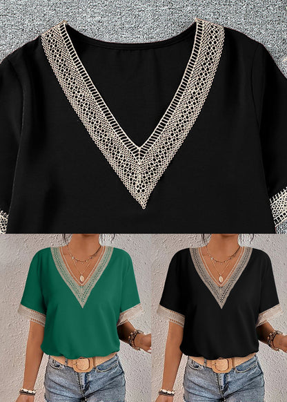 T Shirts Black Patchwork French Lace Summer