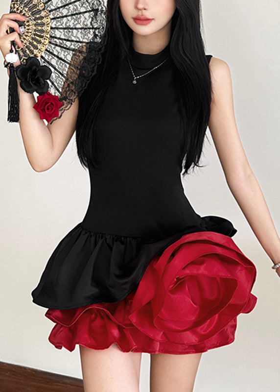 Black Sleeveless Rose French Floral Dresses Mid