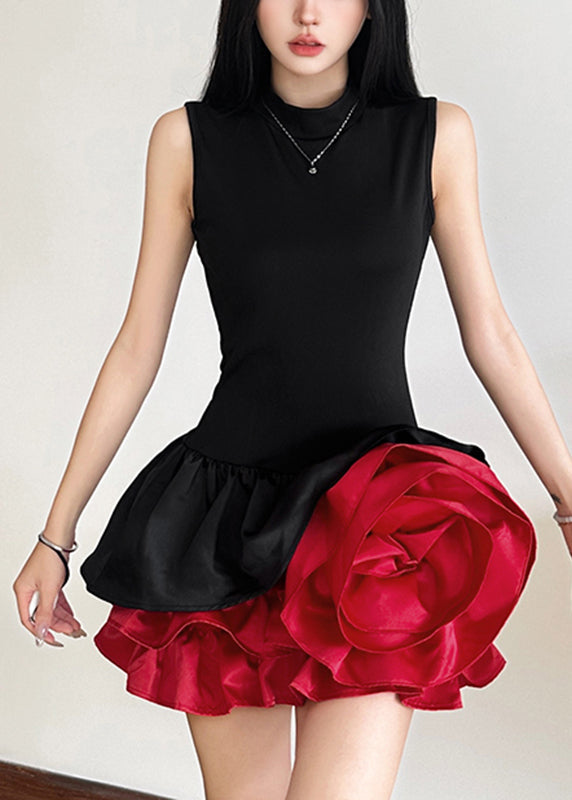 Black Sleeveless Rose French Floral Dresses Mid