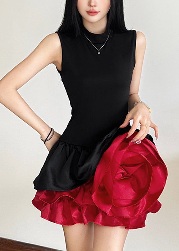 Black Sleeveless Rose French Floral Dresses Mid