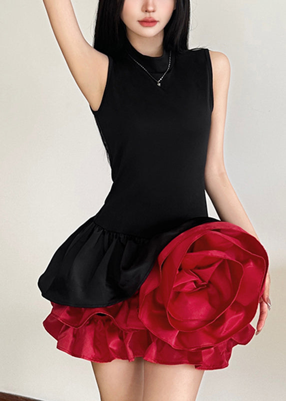 Black Sleeveless Rose French Floral Dresses Mid