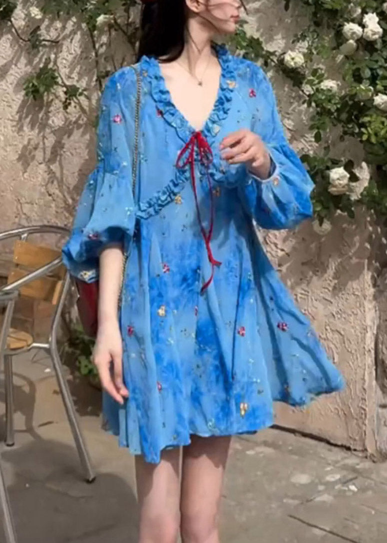 Puff Sleeve Dresses French Blue Chiffon Ruffled Print