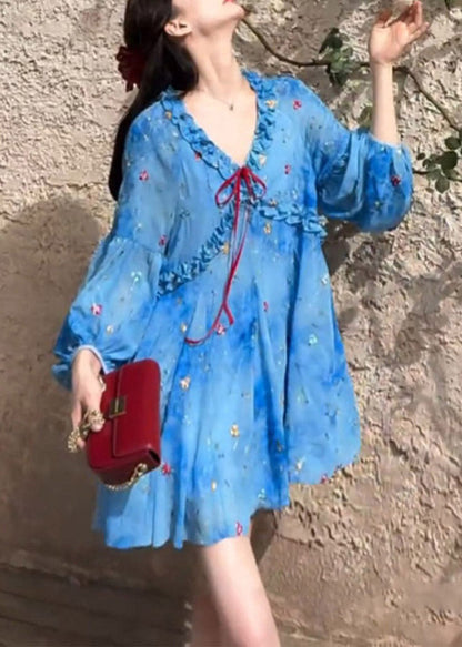 Puff Sleeve Dresses French Blue Chiffon Ruffled Print