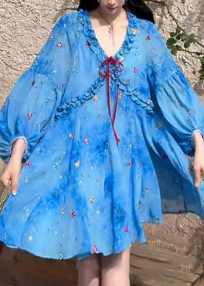 Puff Sleeve Dresses French Blue Chiffon Ruffled Print