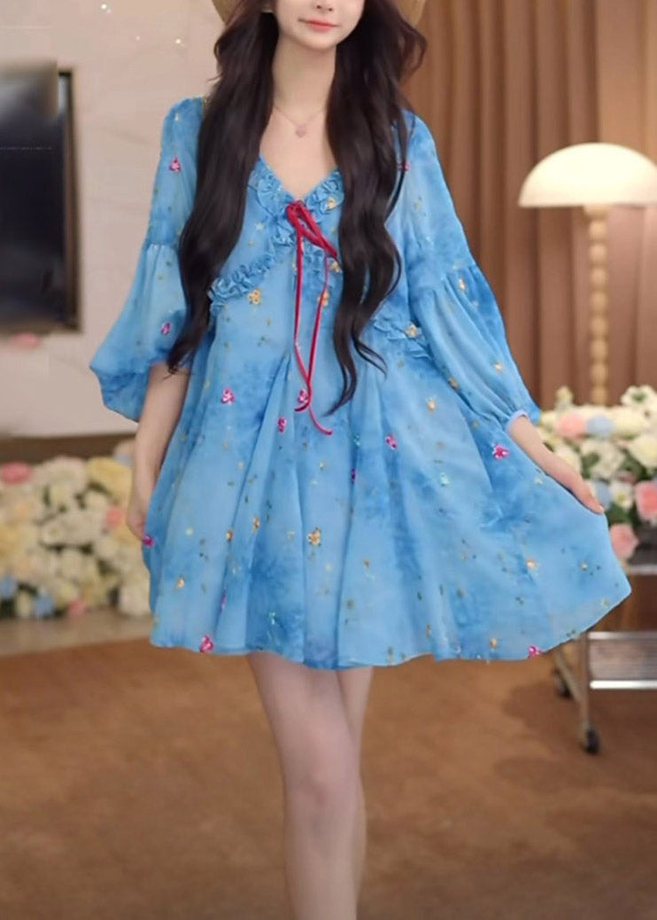 Puff Sleeve Dresses French Blue Chiffon Ruffled Print